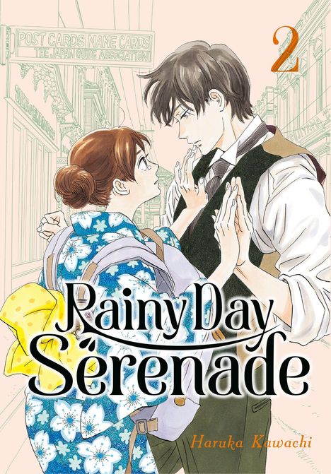 "Rainy Day Serenade"; "Haruka Kawachi"; "Post Cards Name Cards"; zwei Personen in einem romantischen Moment.