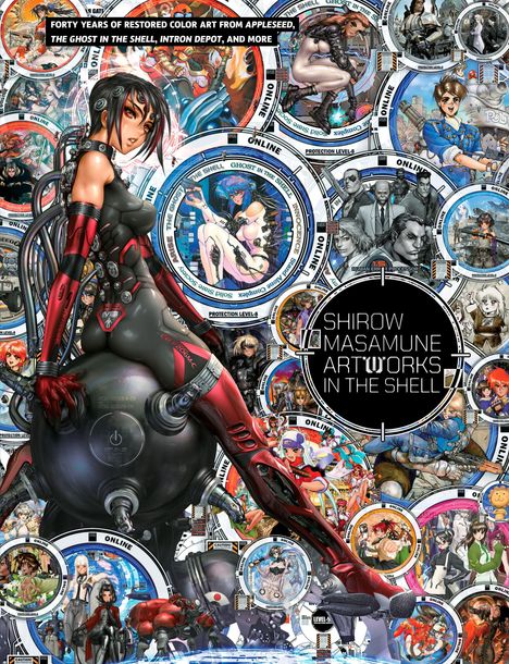 "Shirow Masamune Artworks in the Shell. Vierzig Jahre restaurierte Farbkunst. Frau in futuristischer Kleidung mit detaillierten Illustrationen."