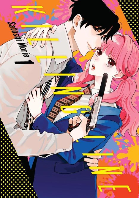 Der Text „Killing Me“ und „Satoshi Morie 1“. Eine Illustration von einem Mann und einer Frau mit Pistole. Bunte, lebhafte Farben.