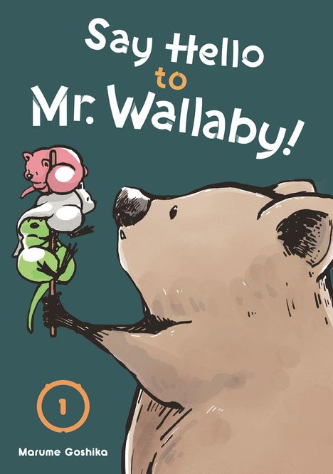 „Say hello to Mr. Wallaby!“ Ein bärartiges Tier hält einen Stock mit drei bunten Tieren balancierend.