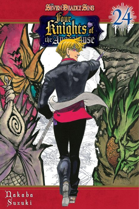 "Four Knights of the Apocalypse", "24". Ein blonder Mann in schwarzer Kleidung hält ein Schwert, umgeben von Fantasieelementen.