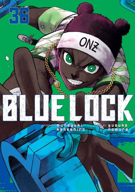Oben links steht "36". Unten mittig "BLUE LOCK". Ein grimmiger Charakter mit Stirnband und großen, grünen Augen ist dargestellt.