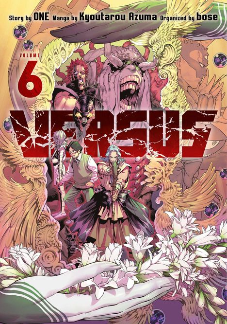 VOLUME 6, VERSUS. Illustration von Manga-Charakteren, kämpferische Szenen, bunte, dynamische Komposition.