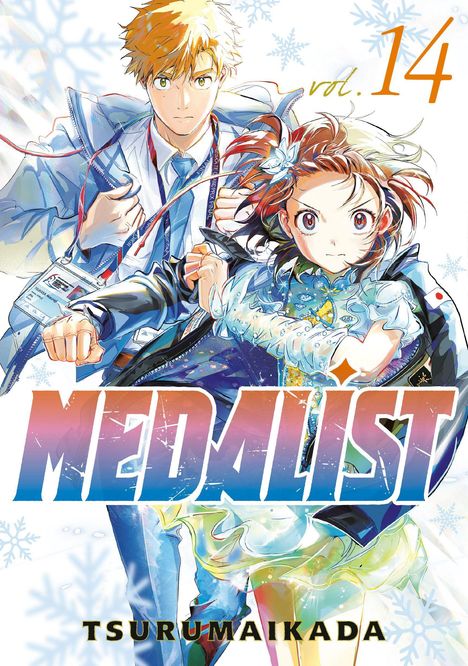 "Vol. 14, MEDALIST, TSURUMAIKADA." Zwei entschlossene Figuren in Winterkleidung, umgeben von Schneeflocken.