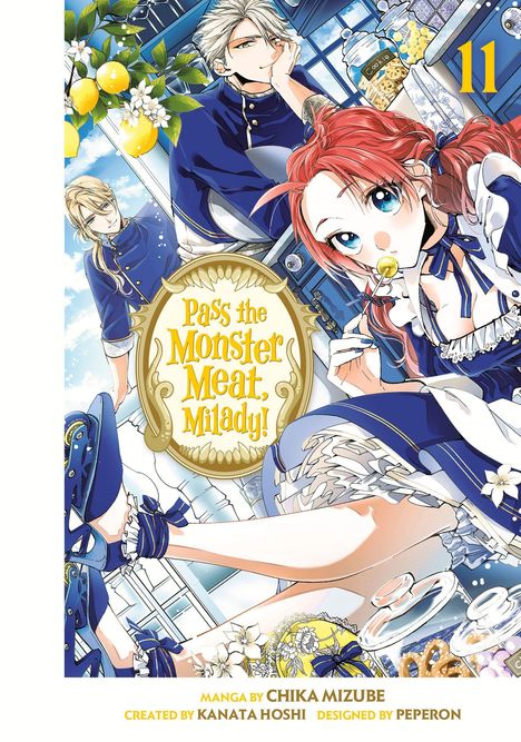 „Pass the Monster Meat, Milady!“ Ein Manga-Cover mit drei Charakteren in blauer Kleidung und einem lebhaften Hintergrund.