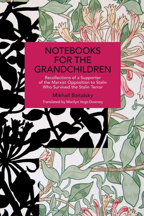 Titel „Notebooks for the Grandchildren“ auf pinkem Rechteck, schwarzer Text auf floralen Mustern mit Blättern.