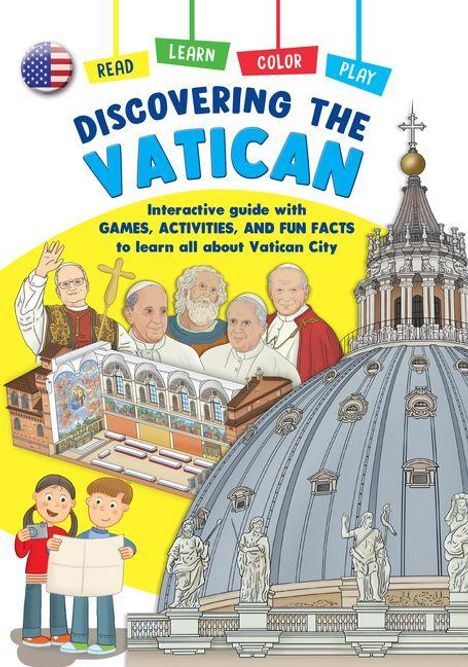 Texte: "Discovering the Vatican", "Interactive guide with games, activities, and fun facts". Illustration: Papstfiguren, Petersdom.