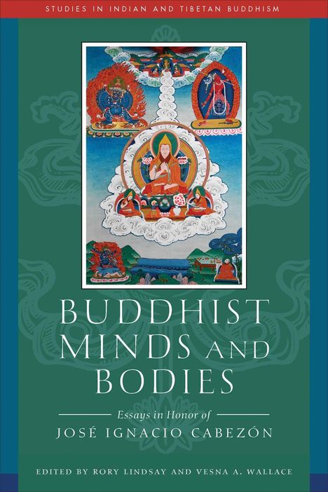 Text: "Buddhist Minds and Bodies: Essays in Honor of José Ignacio Cabezón."

Illustration: Buddhistische Figuren auf Wolken, in farbenfrohem Stil.