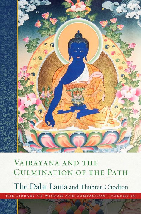 Text: "Vajrayana and the Culmination of the Path" von Dalai Lama und Thubten Chodron.
Illustration eines blauen Buddhas.