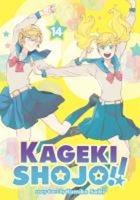 "KAGEKI SHOJO!!" in großen Buchstaben. Zwei Mädchen in Schuluniformen springen fröhlich vor einem gelben Hintergrund.