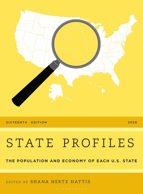 „STATE PROFILES: THE POPULATION AND ECONOMY OF EACH U.S. STATE“ steht über einer USA-Karte mit Lupe.