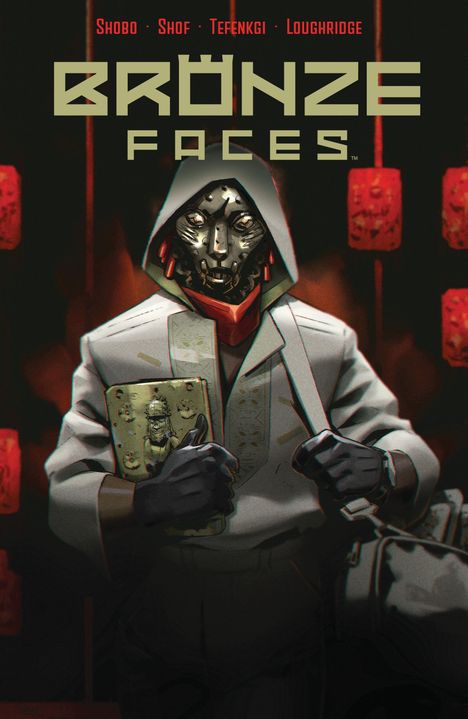 Oben steht: "BRONZE FACES". Eine Person mit metallischer Maske trägt Kapuze und Jacke, hält ein Buch.