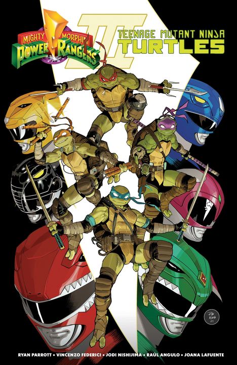 "Mighty Morphin Power Rangers", "Teenage Mutant Ninja Turtles". Illustrationen von Schildkröten und Rangers in Kampfposen.