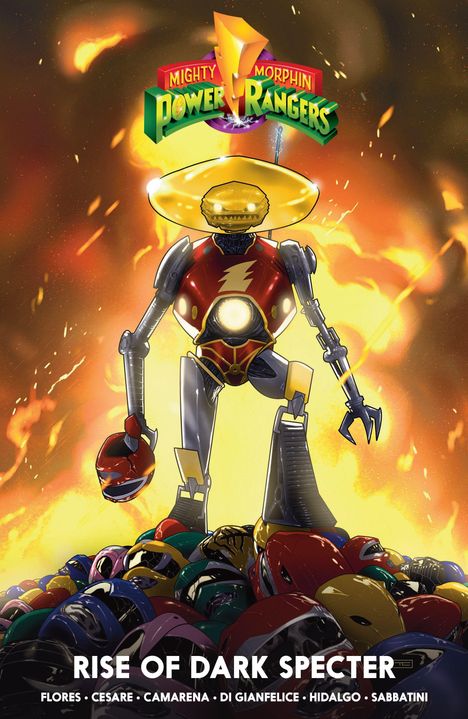 Oben: "Mighty Morphin Power Rangers" Logo, darunter "Rise of Dark Specter". Ein Robotermonster auf einem Helmberg.