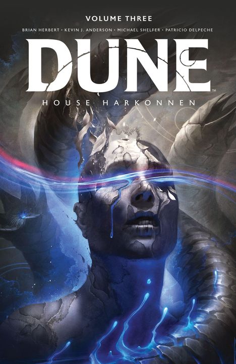 „Volume Three. Dune: House Harkonnen“ in Großbuchstaben. Hat ein futuristisch-düsteres Motiv mit blauen Lichteffekten.
