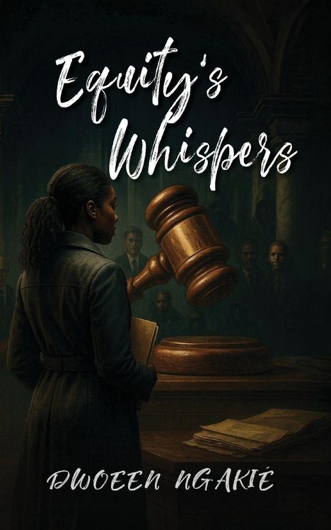„Equity's Whispers“, „Dwoeen Ngakie“. Eine Frau in einem Mantel steht vor einem großen Richterhammer in einem Gerichtssaal.