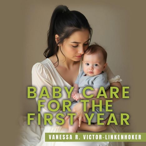 "Baby Care for the First Year" in großen, grünen Buchstaben. Darunter der Name: Vanessa R. Victor-Linkenhoker. Eine Frau hält ein Baby.