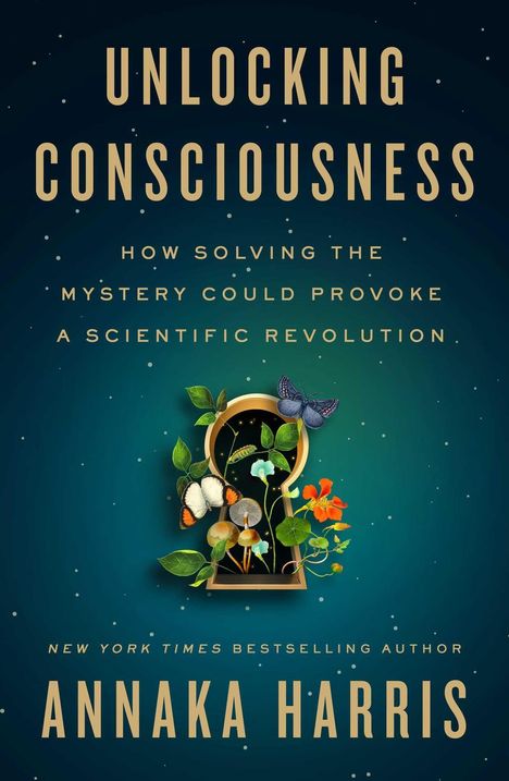 "UNLOCKING CONSCIOUSNESS" steht dominierend. Buntes Schlüsselloch mit Blumen und Schmetterlingen vor dunklem Hintergrund.
