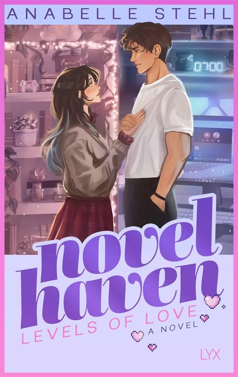 "Novel Haven: Levels of Love" von Anabelle Stehl. Illustration eines Paares in einem gemütlich beleuchteten Raum mit Regalen.