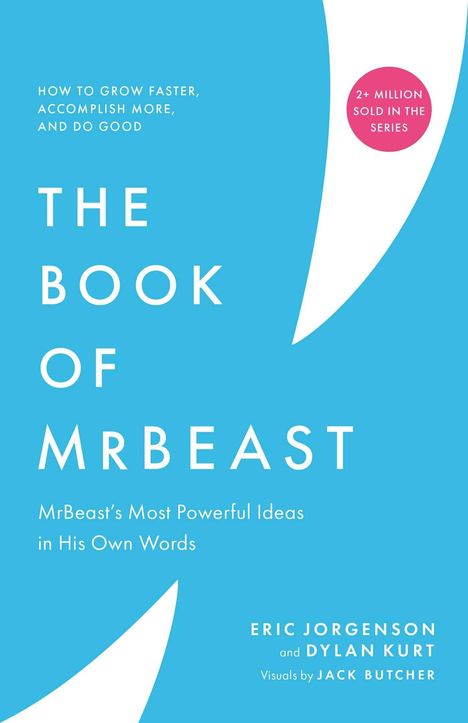 "THE BOOK OF MRBEAST" steht in großen weißen Buchstaben auf einem blauen Hintergrund. Rechts oben rosa Kreis: "2+ MILLION SOLD".