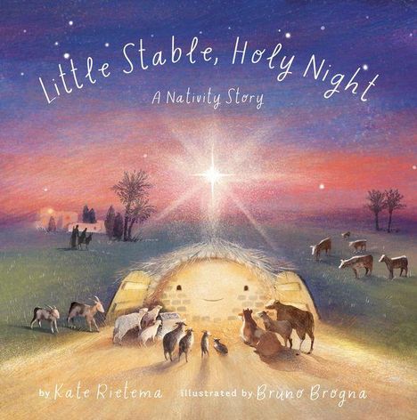 „Little Stable, Holy Night: A Nativity Story.“ Ein beleuchteter Stall mit Tieren, ein heller Stern am Himmel.