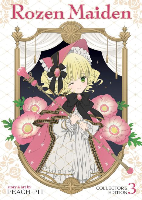 "Rozen Maiden", blonde Figur mit grünem Auge und pinkem Umhang. Umgeben von großen Blumen, hält einen Stab.