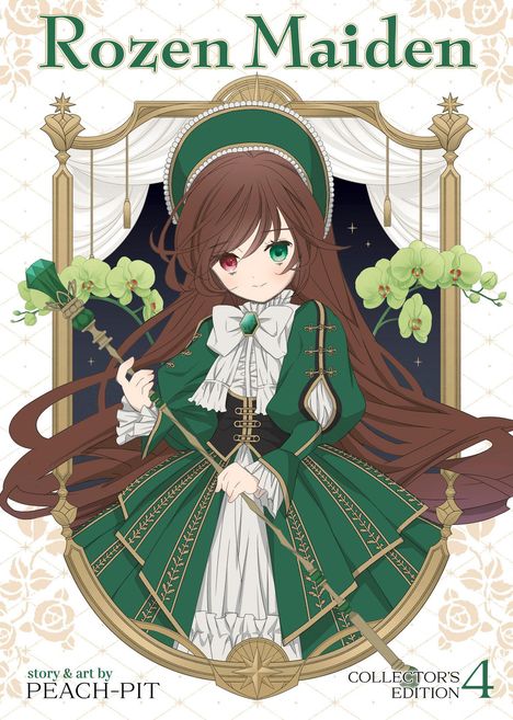 Texte: "Rozen Maiden", "PEACH-PIT", "COLLECTOR'S EDITION 4". Illustration eines Mädchens in grünem Kleid mit Zepter.