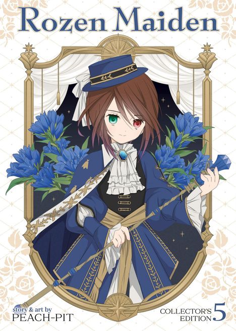 "Rozen Maiden", Illustration einer Figur mit verschiedenfarbigen Augen, in blauer Kleidung, umgeben von blauen Blumen.