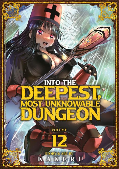 "INTO THE DEEPEST, MOST UNKNOWABLE DUNGEON. Volume 12. Story & Art by KAKERU." Eine Anime-Figur in schwarzer Kleidung.