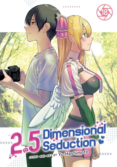 "2.5 Dimensional Seduction" steht im Vordergrund. Manga-Illustration: Zwei Personen Rücken an Rücken; Mann mit Kamera, Frau hat Flügel.