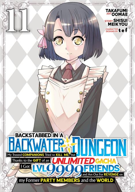 Text: „Backstabbed in a Backwater Dungeon“ und „Lvl 9999“. Manga-Illustration eines jungen Mädchens in einer Uniform mit Schleife.