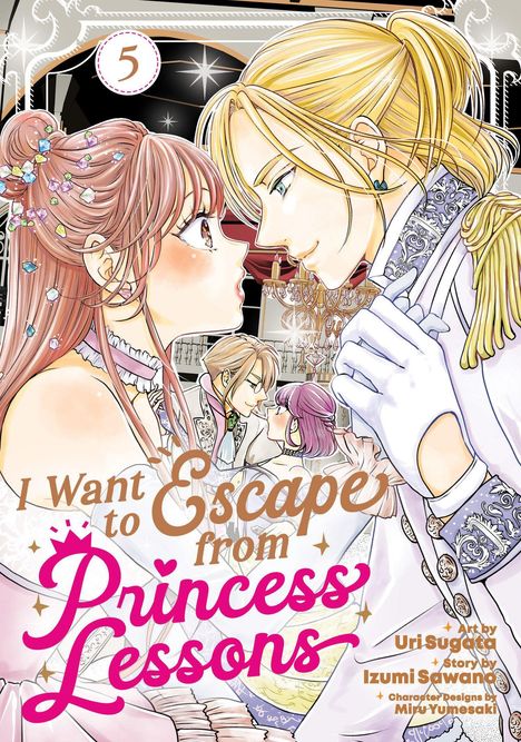 „I Want to Escape from Princess’ Lessons“ in verspielten Buchstaben. Ein Paar in eleganter Kleidung schaut sich tief in die Augen.