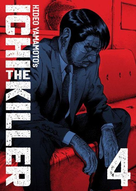 "Ichi The Killer 4" und "Hideo Yamamoto's" in fettem Text. Illustration: Mann im Anzug sitzt nachdenklich auf rotem Sofa.