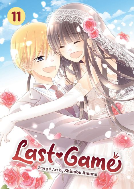 „11“, „Last Game“, „Story & Art by Shinobu Amano“, Hochzeitspaar in festlicher Kleidung, Rosen und blauer Himmel.