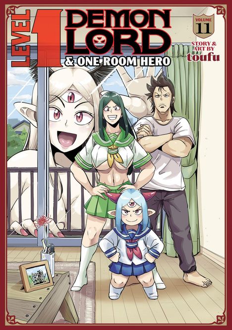 "LEVEL 1 DEMON LORD & ONE ROOM HERO VOLUME 11 STORY & ART BY TOUFU" – Eine Illustration von drei Figuren in einem Zimmer.
