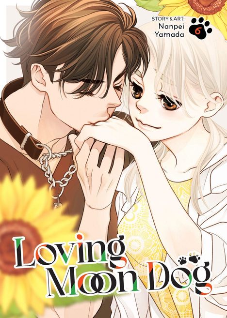 "Loving Moon Dog". Manga-Stil: Junge mit Halsband küsst Mädchenhand. Sonnenblumen im Hintergrund.