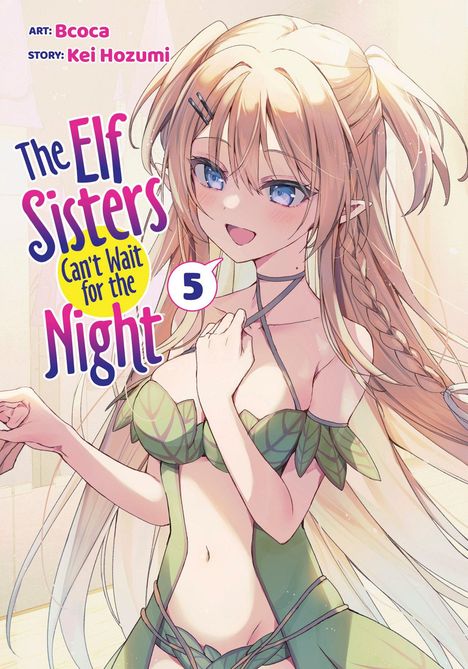 Titel: "The Elf Sisters Can't Wait for the Night 5." Illustration einer lächelnden Frau im grünen Fantasie-Outfit.