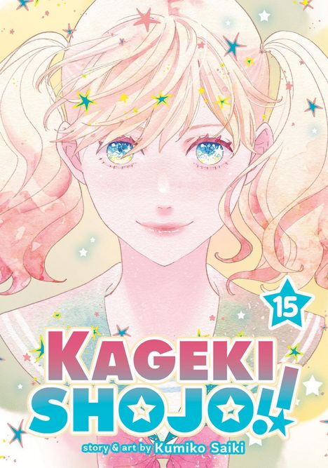 „KAGEKI SHOJO!!“ Band 15 von Kumiko Saiki. Illustration eines Mädchens mit blonden Zöpfen und strahlenden Augen.