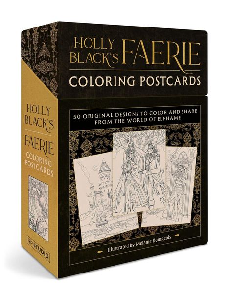 "Holly Black's Faerie Coloring Postcards", 50 Designs aus Elfhame. Illustrationen von Mélanie Bourgeois. Verpackung mit feenartigen Zeichnungen.