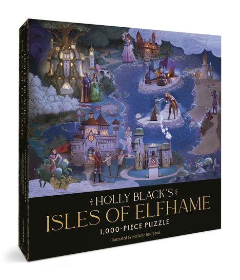 „HOLLY BLACK'S ISLES OF ELFAME, 1,000-PIECE PUZZLE.“ Eine fantasievolle Illustration mit märchenhaften Inseln und Figuren.