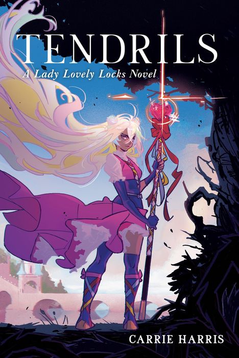 "TENDRILS: A Lady Lovely Locks Novel" von Carrie Harris. Illustration: Figur mit langem Haar, Stab und pink-lila Outfit.