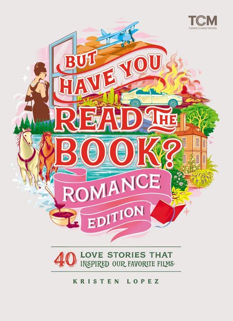 „But Have You Read the Book? Romance Edition“ steht im Mittelpunkt. Illustrationen von Flugzeug, Frau, Auto, Pferden und Haus.