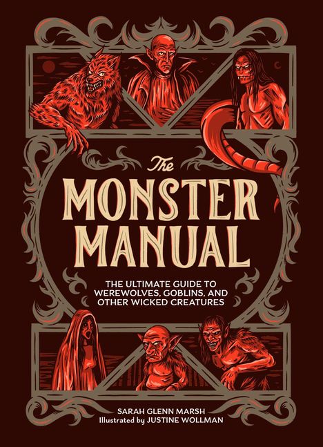 "The Monster Manual" ist ein Cover-Design mit Monstern wie Werwölfen und Vampiren in Rot- und Brauntönen.