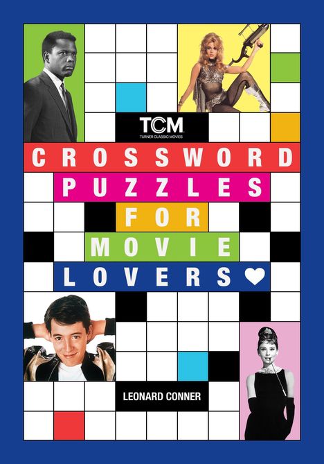 "CROSSWORD PUZZLES FOR MOVIE LOVERS" und "LEONARD CONNER" auf einem bunten Kreuzworträtsel-Muster. Filmstars in der Umgebung.