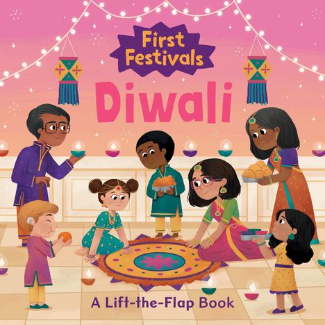 "First Festivals: Diwali" steht oben. Kinder in bunter Kleidung feiern, mit Lichtern und Dekoration. Eine Illustration.