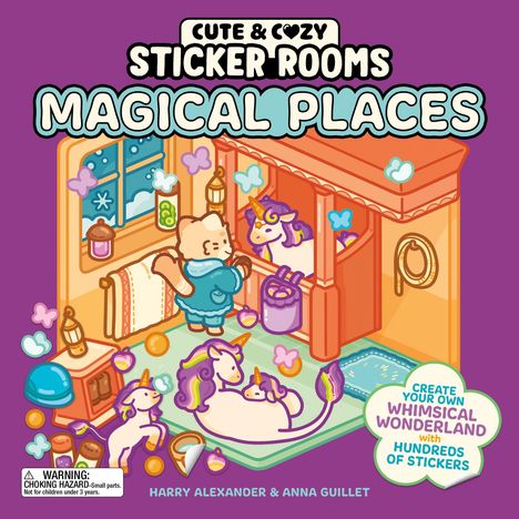 Text: Cute & Cozy Sticker Rooms, Magical Places. Illustration mit Katze, Einhörnern und bunten Objekten.