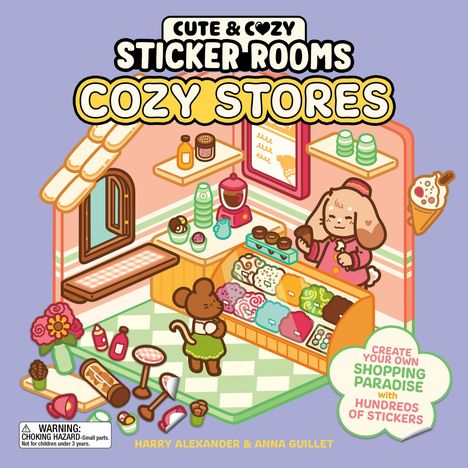 "Cute & Cozy Sticker Rooms Cozy Stores. Illustration mit tierischen Figuren in einer Eisdiele; süße, bunte Gestaltung."