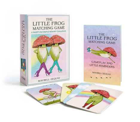 "The Little Frog Matching Game", "A Sweet and Simple Memory Challenge", Frösche mit Pilzmützen, Stiefeln, Regenbogenkarten.