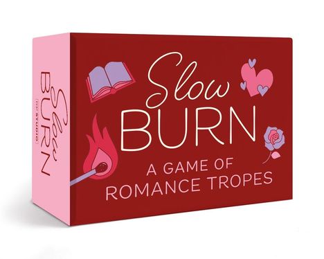 „Slow Burn: A Game of Romance Tropes“. Illustrationen: Herz, Buch, Rose und brennende Streichholzflamme.