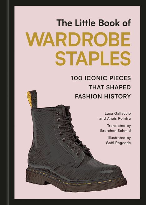 „The Little Book of Wardrobe Staples“ mit einem gezeichneten, schwarzen Schnürstiefel auf rosa Hintergrund.